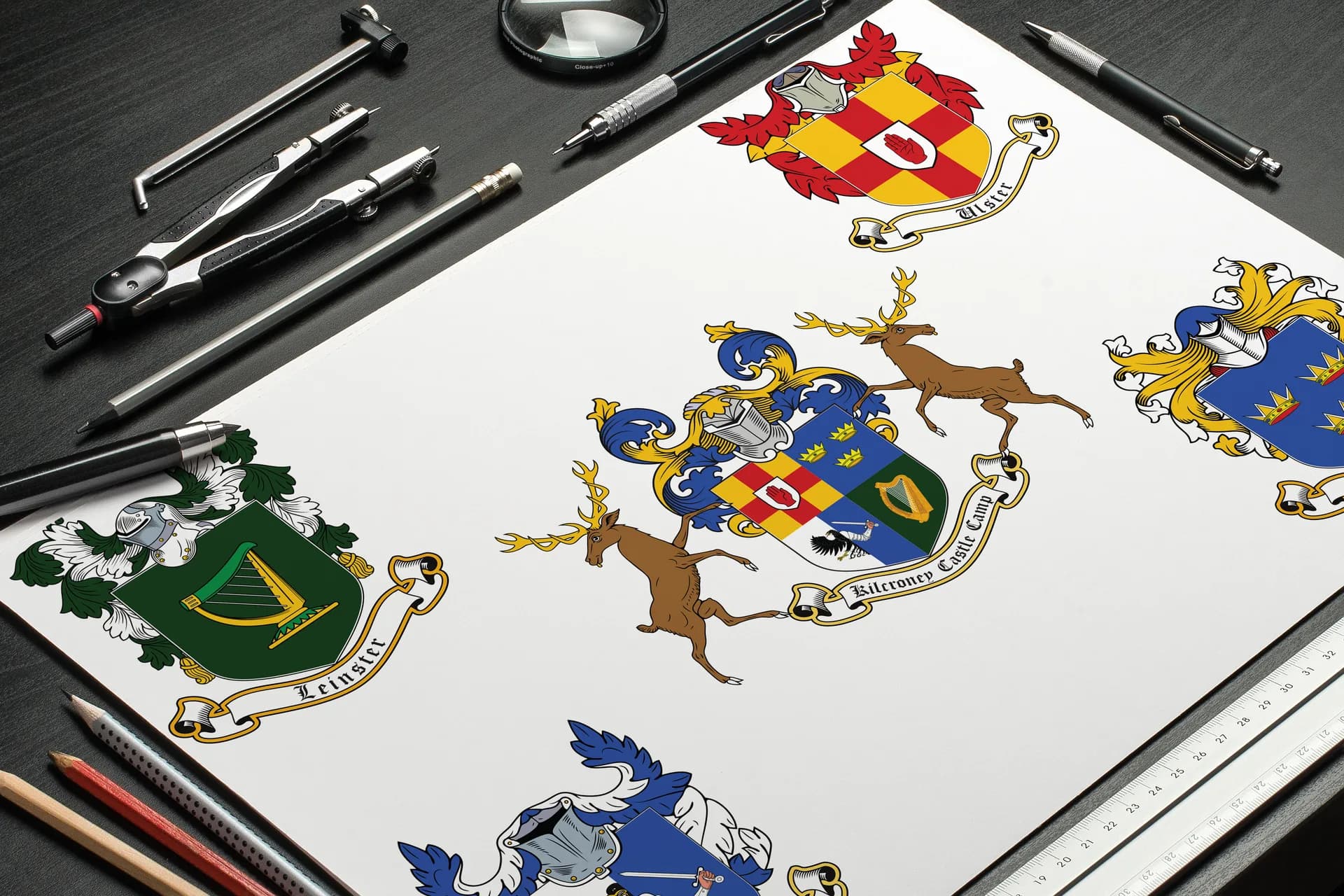 5 coat of arms I designed for the Kilcroney Castle Camp, Ireland. One coat of arms for each province - Connacht, Leinster, Munster, Ulster and one unified (the middle one) for a whole camp