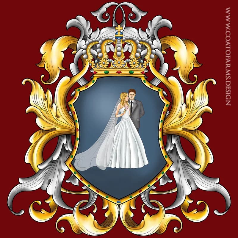 Wedding coat of arms for a couple from the USA featuring the bride and groom in wedding attire, with a royal crown and elaborate gold and silver mantling.