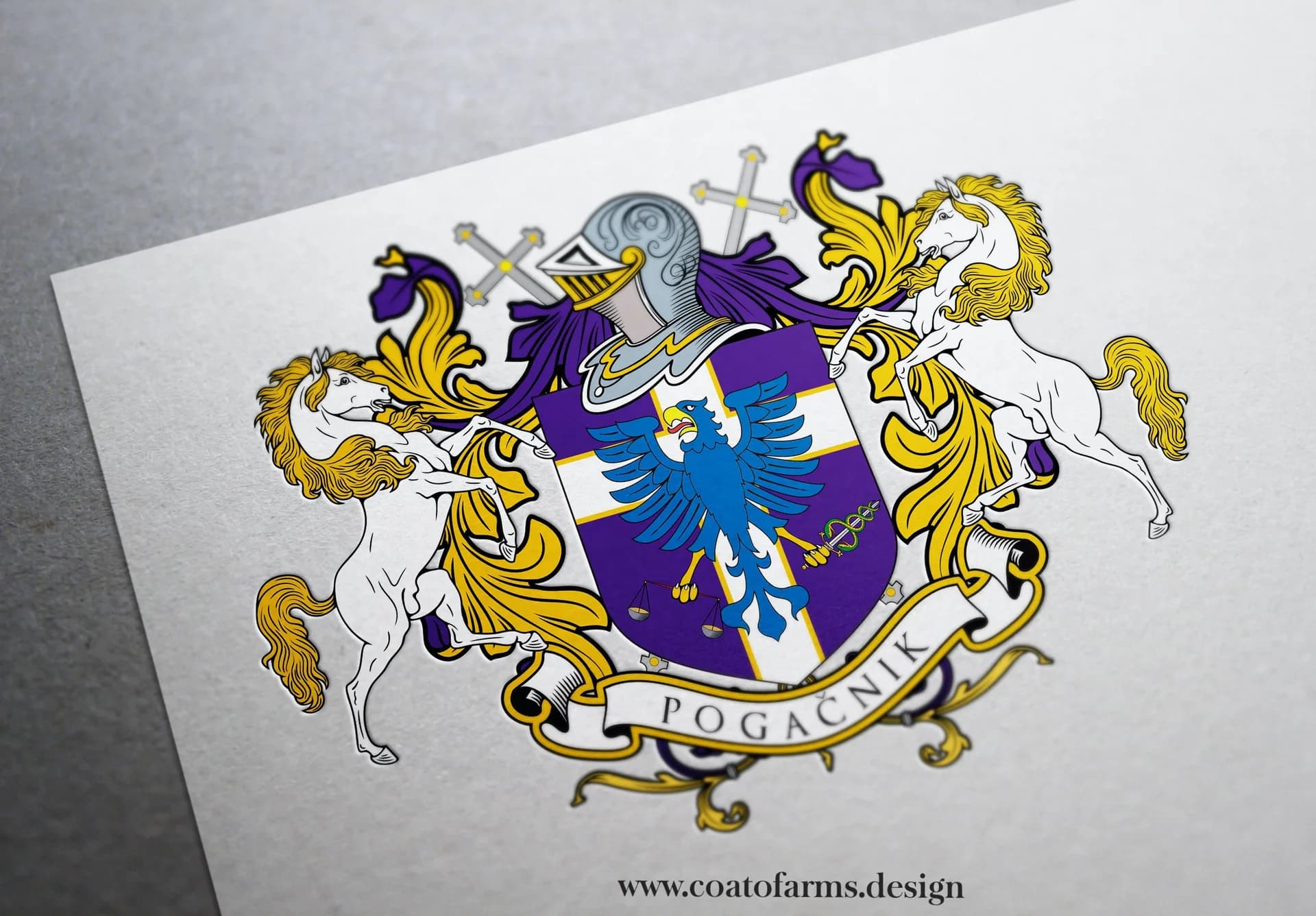 Coat of arms (family emblem) I designed for a pharmacy and trading family from Slovenia with an Slovenia eagle holding a scale and a sword with two serpents