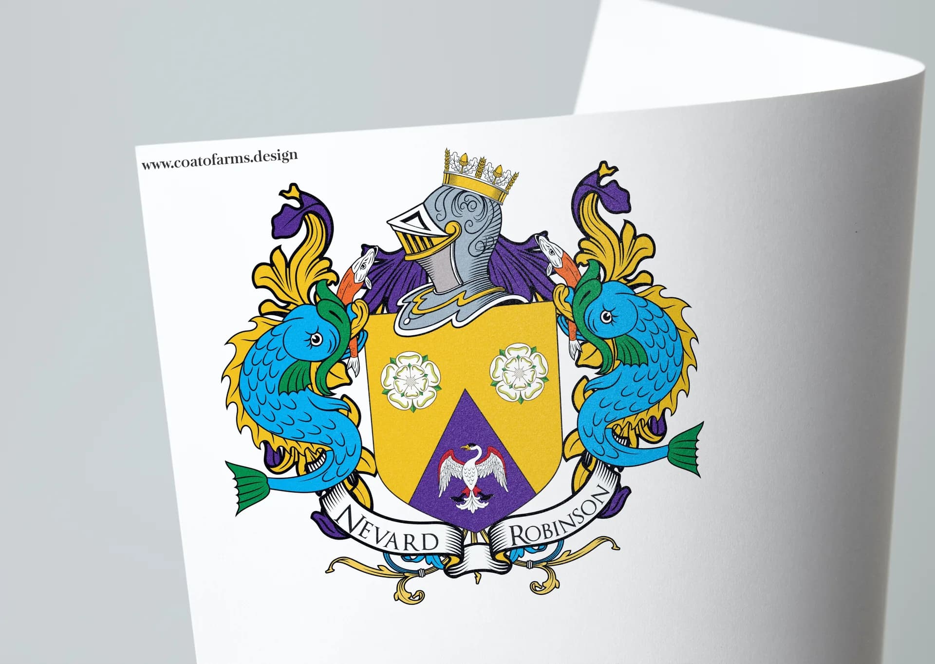 Coat of arms (wedding emblem) I designed for a newlyweds from Yorkshire, United Kingdom, with a Yorkshire roses and  a swan displayed wings inverted.