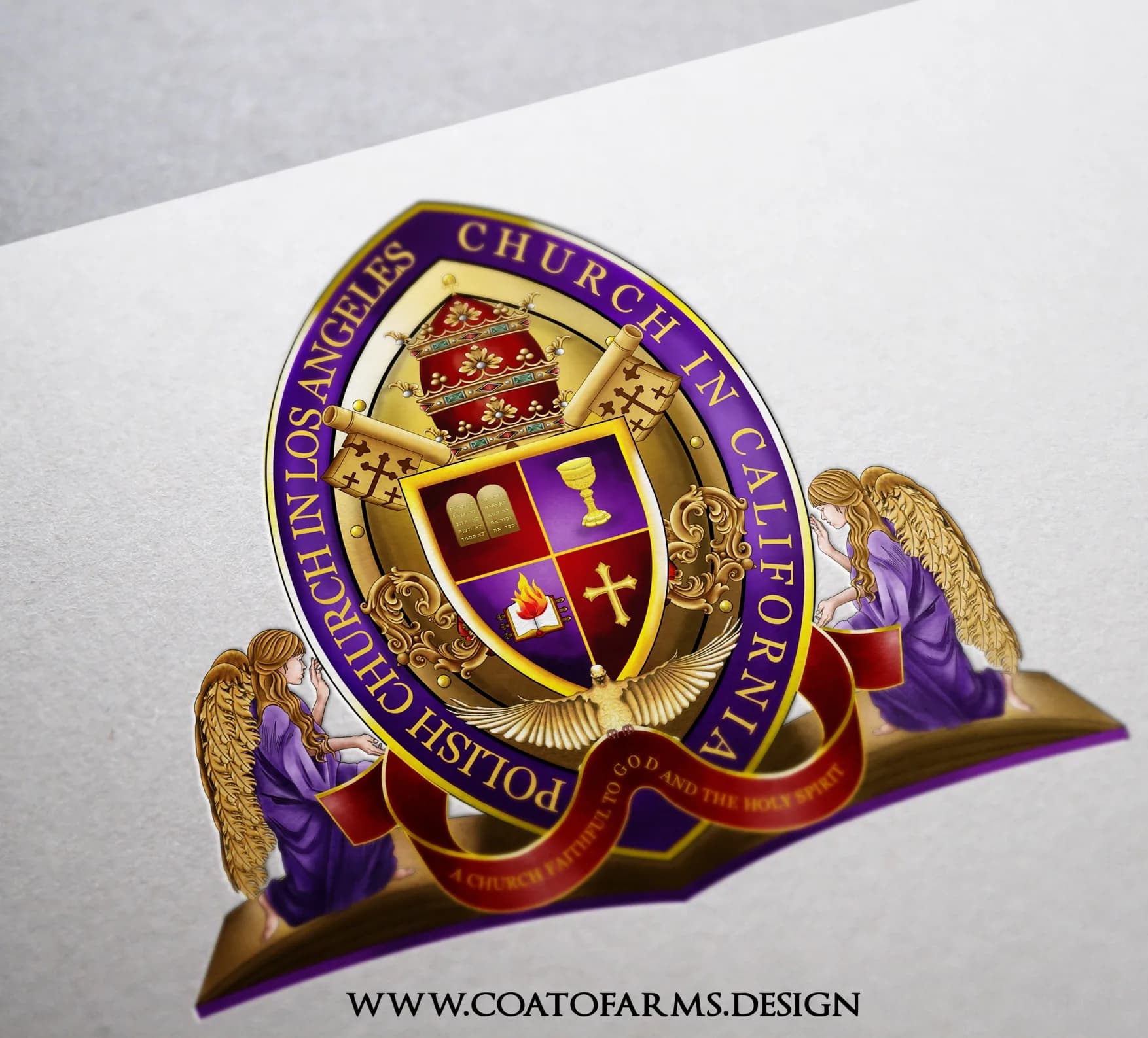 Church Seal for the Polish Church in Los Angeles featuring Moses' Tablets, Holy Grail, Cross, Burning Bible, Golden Dove, Papal Tiara, Keys of Saint Peter, and Supporting Angels