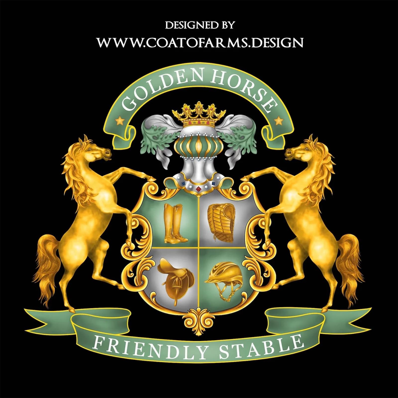 Coat of arms crest logo for a Golden Horse stable form the USA